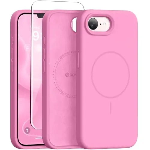 GONEZ Magnetic for iPhone 16e/17e Case, Silicone Cover Soft Pink | Compatible with MagSafe, Screen Protector, Microfiber Lining, 3 Layers Soft Gel Rubber Shockproof Slim 6.1