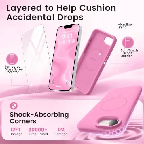 GONEZ Magnetic for iPhone 16e/17e Case, Silicone Cover Soft Pink | Compatible with MagSafe, Screen Protector, Microfiber Lining, 3 Layers Soft Gel Rubber Shockproof Slim 6.1