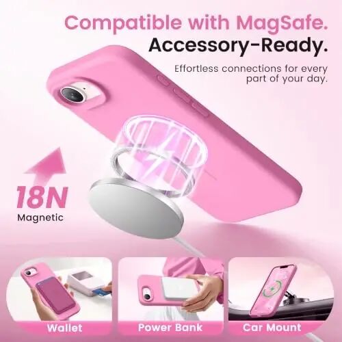 GONEZ Magnetic for iPhone 16e/17e Case, Silicone Cover Soft Pink | Compatible with MagSafe, Screen Protector, Microfiber Lining, 3 Layers Soft Gel Rubber Shockproof Slim 6.1