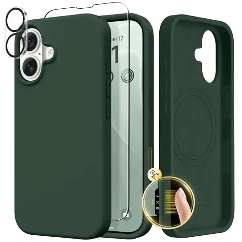 GONEZ Magnetic for iPhone 17 Case, Compatible with MagSafe, [Screen Protector + Camera Lens Protector], Liquid Silicone Anti-Scratch Shockproof Protective Phone Case 6.3 inch, Army Green - 1