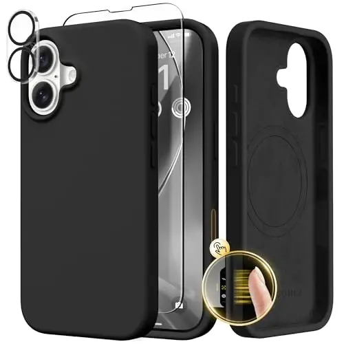 GONEZ Magnetic for iPhone 17 Case, Compatible with MagSafe, [Screen Protector + Camera Lens Protector], Liquid Silicone Anti-Scratch Shockproof Protective Phone Case 6.3 inch, Black - GONEZ