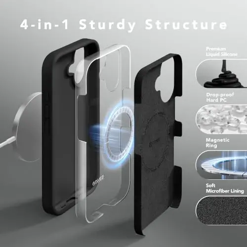 GONEZ Magnetic for iPhone 17 Case, Silicone Cover Black | Compatible with MagSafe, Camera Button & Screen Protector, Microfiber Lining, 3 Layers Soft Gel Rubber Shockproof Slim 6.3