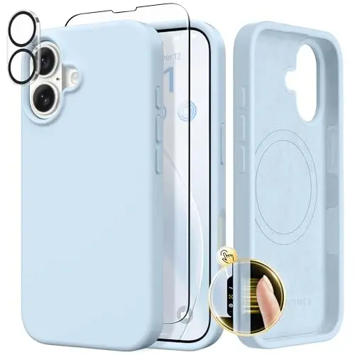 GONEZ Magnetic for iPhone 17 Case, Compatible with MagSafe, [Screen Protector + Camera Lens Protector], Liquid Silicone Anti-Scratch Shockproof Protective Phone Case 6.3 inch, Blue - GONEZ