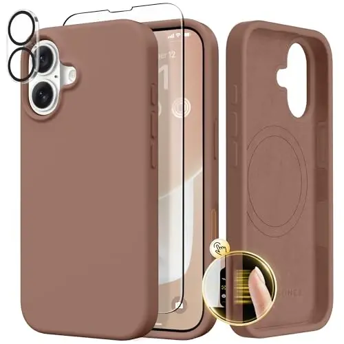 GONEZ Magnetic for iPhone 17 Case, Compatible with MagSafe, [Screen Protector + Camera Lens Protector], Liquid Silicone Anti-Scratch Shockproof Protective Phone Case 6.3 inch, Brown - 1
