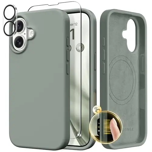 GONEZ Magnetic for iPhone 17 Case, Compatible with MagSafe, [Screen Protector + Camera Lens Protector], Liquid Silicone Anti-Scratch Shockproof Protective Phone Case 6.3 inch, Calke Green - GONEZ