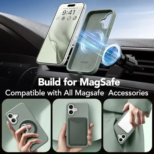 GONEZ Magnetic for iPhone 17 Case, Compatible with MagSafe, [Screen Protector + Camera Lens Protector], Liquid Silicone Anti-Scratch Shockproof Protective Phone Case 6.3 inch, Calke Green - 4