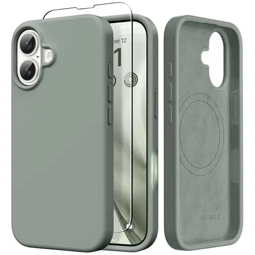 GONEZ Magnetic for iPhone 17 Case, [Compatible with MagSafe] Anti-Scratch Microfiber Lining & Screen Protector, Silicone Camera Control, Shockproof Slim Phone Cover 6.3 inch, Calke Green 