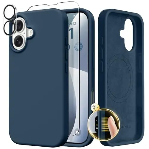 GONEZ Magnetic for iPhone 17 Case, Compatible with MagSafe, [Screen Protector + Camera Lens Protector], Liquid Silicone Anti-Scratch Shockproof Protective Phone Case 6.3 inch, Dark Blue - 1