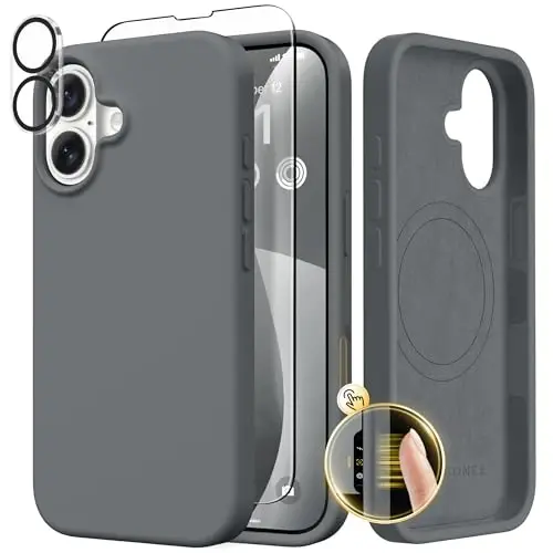 GONEZ Magnetic for iPhone 17 Case, Compatible with MagSafe, [Screen Protector + Camera Lens Protector], Liquid Silicone Anti-Scratch Shockproof Protective Phone Case 6.3 inch, Dark Grey - GONEZ