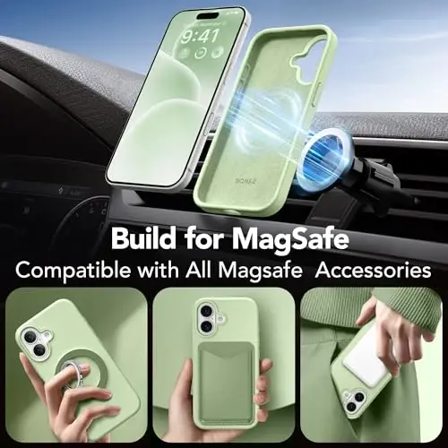 GONEZ Magnetic for iPhone 17 Case, Compatible with MagSafe, [Screen Protector + Camera Lens Protector], Liquid Silicone Anti-Scratch Shockproof Protective Phone Case 6.3 inch, Green - 4