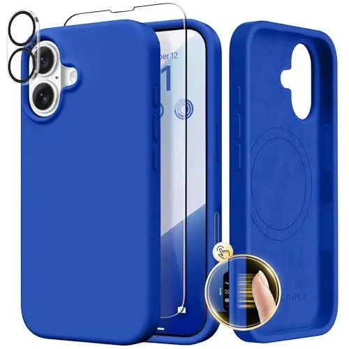 GONEZ Magnetic for iPhone 17 Case, Compatible with MagSafe, [Screen Protector + Camera Lens Protector], Liquid Silicone Anti-Scratch Shockproof Protective Phone Case 6.3 inch, Klein Blue 