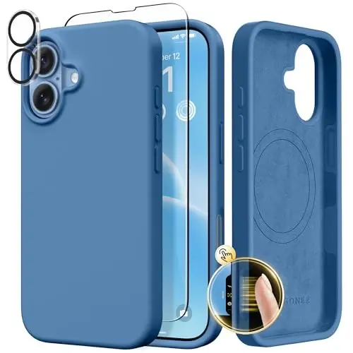 GONEZ Magnetic for iPhone 17 Case, Compatible with MagSafe, [Screen Protector + Camera Lens Protector], Liquid Silicone Anti-Scratch Shockproof Protective Phone Case 6.3 inch, Lake Blue - GONEZ