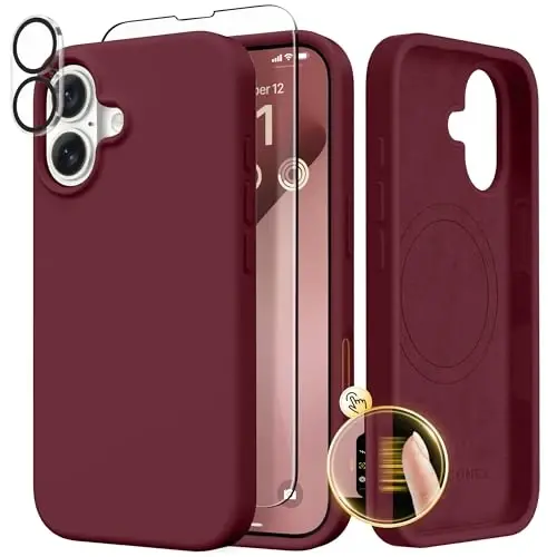 GONEZ Magnetic for iPhone 17 Case, Compatible with MagSafe, [Screen Protector + Camera Lens Protector], Liquid Silicone Anti-Scratch Shockproof Protective Phone Case 6.3 inch, Maroon 