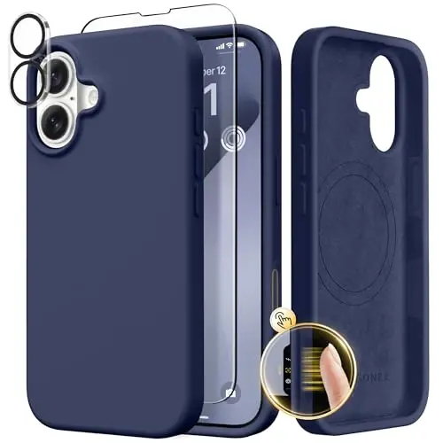GONEZ Magnetic for iPhone 17 Case, Compatible with MagSafe, [Screen Protector + Camera Lens Protector], Liquid Silicone Anti-Scratch Shockproof Protective Phone Case 6.3 inch, Midnight Blue - GONEZ