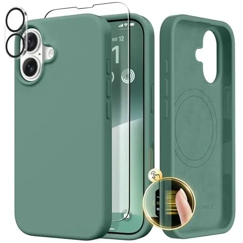 GONEZ Magnetic for iPhone 17 Case, Compatible with MagSafe, [Screen Protector + Camera Lens Protector], Liquid Silicone Anti-Scratch Shockproof Protective Phone Case 6.3 inch, Midnight Green - 1