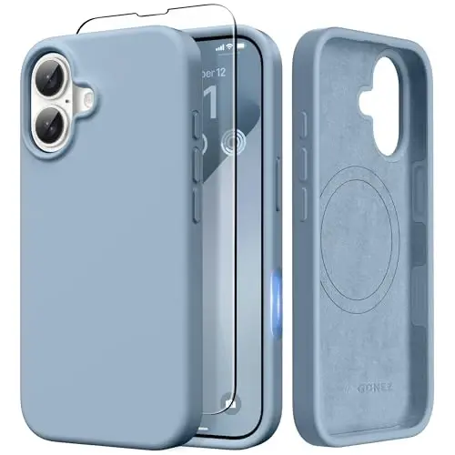 GONEZ Magnetic for iPhone 17 Case, [Compatible with MagSafe] Anti-Scratch Microfiber Lining & Screen Protector, Silicone Camera Control, Shockproof Slim Phone Cover 6.3 inch, Mist Blue - 1