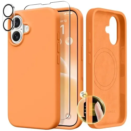 GONEZ Magnetic for iPhone 17 Case, Compatible with MagSafe, [Screen Protector + Camera Lens Protector], Liquid Silicone Anti-Scratch Shockproof Protective Phone Case 6.3 inch, Orange - 1