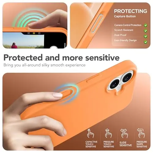 GONEZ Magnetic for iPhone 17 Case, Compatible with MagSafe, [Screen Protector + Camera Lens Protector], Liquid Silicone Anti-Scratch Shockproof Protective Phone Case 6.3 inch, Orange - 5