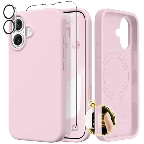 GONEZ Magnetic for iPhone 17 Case, Compatible with MagSafe, [Screen Protector + Camera Lens Protector], Liquid Silicone Anti-Scratch Shockproof Protective Phone Case 6.3 inch, Pastel Pink - 1