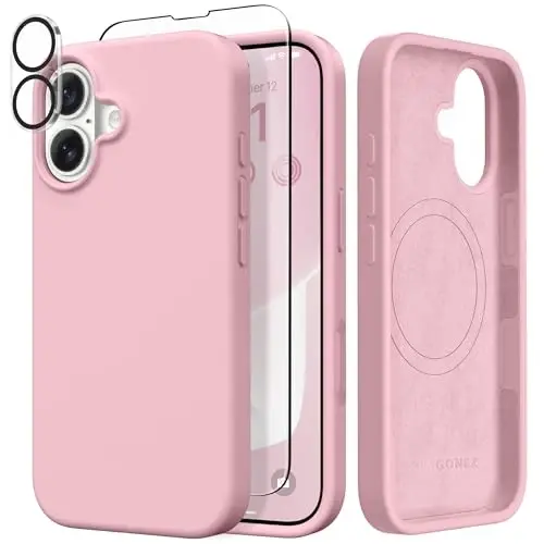 GONEZ Magnetic for iPhone 17 Case, Compatible with MagSafe, [Screen Protector + Camera Lens Protector], Liquid Silicone Anti-Scratch Shockproof Protective Phone Case 6.3 inch, Peach Pink 