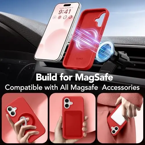 GONEZ Magnetic for iPhone 17 Case, Compatible with MagSafe, [Screen Protector + Camera Lens Protector], Liquid Silicone Anti-Scratch Shockproof Protective Phone Case 6.3 inch, Red - 4