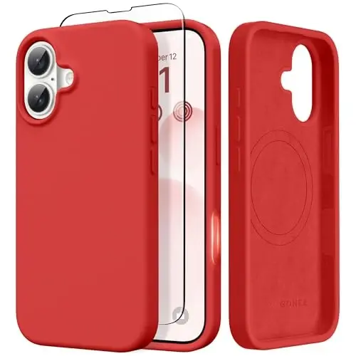 GONEZ Magnetic for iPhone 17 Case, [Compatible with MagSafe] Anti-Scratch Microfiber Lining & Screen Protector, Silicone Camera Control, Shockproof Slim Phone Cover 6.3 inch, Red - GONEZ