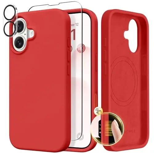 GONEZ Magnetic for iPhone 17 Case, Compatible with MagSafe, [Screen Protector + Camera Lens Protector], Liquid Silicone Anti-Scratch Shockproof Protective Phone Case 6.3 inch, Red 