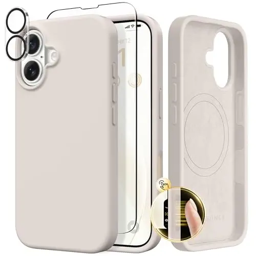 GONEZ Magnetic for iPhone 17 Case, Compatible with MagSafe, [Screen Protector + Camera Lens Protector], Liquid Silicone Anti-Scratch Shockproof Protective Phone Case 6.3 inch, Stone - 1