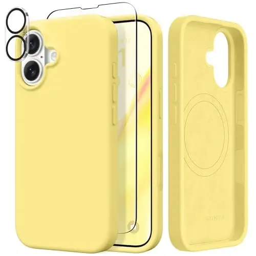 GONEZ Magnetic for iPhone 17 Case, Compatible with MagSafe, [Screen Protector + Camera Lens Protector], Liquid Silicone Anti-Scratch Shockproof Protective Phone Case 6.3 inch, Yellow - 1