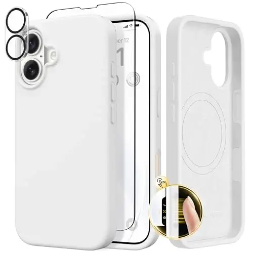 GONEZ Magnetic for iPhone 17 Case, Compatible with MagSafe, [Screen Protector + Camera Lens Protector], Liquid Silicone Anti-Scratch Shockproof Protective Phone Case 6.3 inch, White 