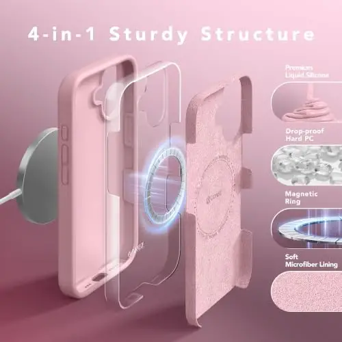 GONEZ Magnetic for iPhone 17 Case, Silicone Cover Peach Pink | Compatible with MagSafe, Camera Button & Screen Protector, Microfiber Lining, 3 Layers Soft Gel Rubber Shockproof Slim 6.3
