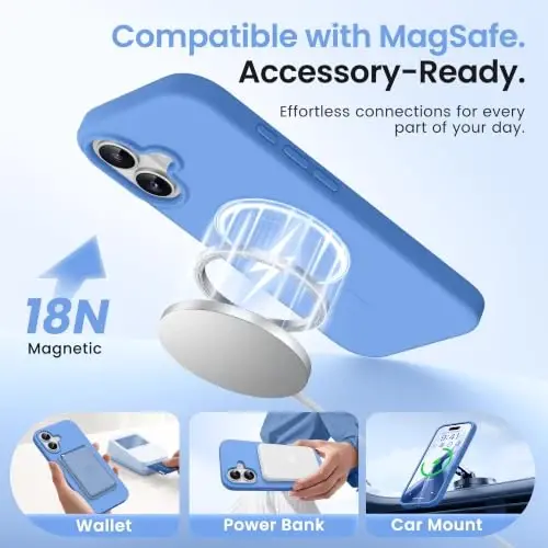 GONEZ Magnetic for iPhone 17 Case, Silicone Cover Sky Blue | Compatible with MagSafe, Camera Button & Screen Protector, Microfiber Lining, 3 Layers Soft Gel Rubber Shockproof Slim 6.3