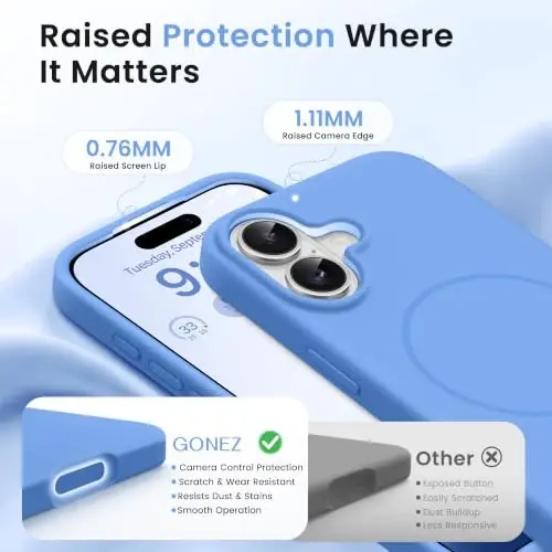 GONEZ Magnetic for iPhone 17 Case, Silicone Cover Sky Blue | Compatible with MagSafe, Camera Button & Screen Protector, Microfiber Lining, 3 Layers Soft Gel Rubber Shockproof Slim 6.3