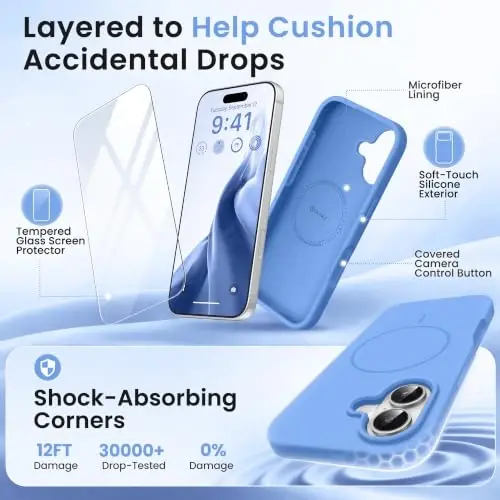 GONEZ Magnetic for iPhone 17 Case, Silicone Cover Sky Blue | Compatible with MagSafe, Camera Button & Screen Protector, Microfiber Lining, 3 Layers Soft Gel Rubber Shockproof Slim 6.3