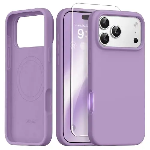 GONEZ Magnetic for iPhone 17 Pro Case, [Compatible with MagSafe] Anti-Scratch Microfiber Lining & Screen Protector, Silicone Camera Control, Shockproof Slim Phone Cover 6.3 inch, Light Purple - GONEZ
