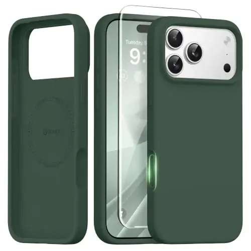 GONEZ Magnetic for iPhone 17 Pro Case, [Compatible with MagSafe] Anti-Scratch Microfiber Lining & Screen Protector, Silicone Camera Control, Shockproof Slim Phone Cover 6.3 inch, Army Green 