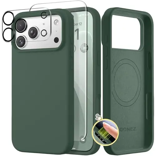 GONEZ Magnetic for iPhone 17 Pro Case, Compatible with MagSafe, [Screen Protector + Camera Lens Protector], Liquid Silicone Anti-Scratch Shockproof Protective Phone Case 6.3 inch, Army Green - GONEZ
