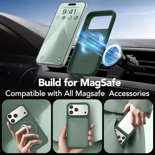 GONEZ Magnetic for iPhone 17 Pro Case, Compatible with MagSafe, [Screen Protector + Camera Lens Protector], Liquid Silicone Anti-Scratch Shockproof Protective Phone Case 6.3 inch, Army Green - 4