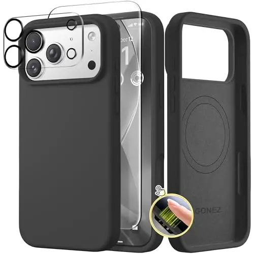 GONEZ Magnetic for iPhone 17 Pro Case, Compatible with MagSafe, [Screen Protector + Camera Lens Protector], Liquid Silicone Anti-Scratch Shockproof Protective Phone Case 6.3 inch, Black - 1
