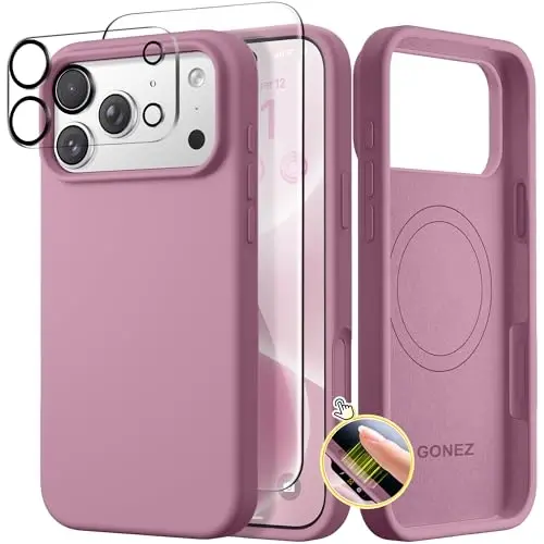 GONEZ Magnetic for iPhone 17 Pro Case, Compatible with MagSafe, [Screen Protector + Camera Lens Protector], Liquid Silicone Anti-Scratch Shockproof Protective Phone Case 6.3 inch, Blackcurrant 