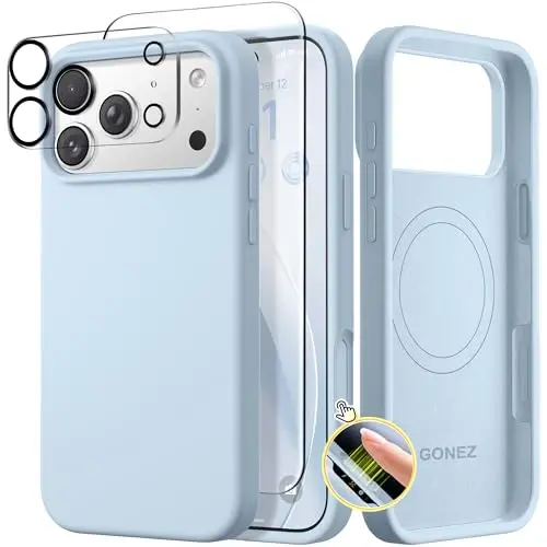 GONEZ Magnetic for iPhone 17 Pro Case, Compatible with MagSafe, [Screen Protector + Camera Lens Protector], Liquid Silicone Anti-Scratch Shockproof Protective Phone Case 6.3 inch, Blue - 1