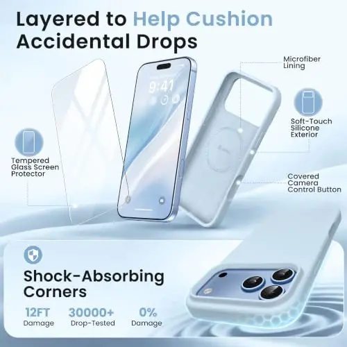 GONEZ Magnetic for iPhone 17 Pro Case, [Compatible with MagSafe] Anti-Scratch Microfiber Lining & Screen Protector, Silicone Camera Control, Shockproof Slim Phone Cover 6.3 inch, Blue - 4