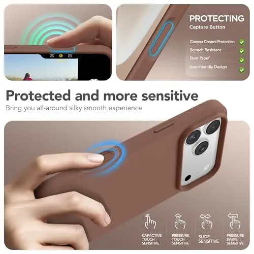 GONEZ Magnetic for iPhone 17 Pro Case, Compatible with MagSafe, [Screen Protector + Camera Lens Protector], Liquid Silicone Anti-Scratch Shockproof Protective Phone Case 6.3 inch, Brown - 5