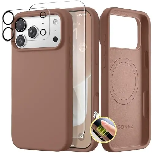 GONEZ Magnetic for iPhone 17 Pro Case, Compatible with MagSafe, [Screen Protector + Camera Lens Protector], Liquid Silicone Anti-Scratch Shockproof Protective Phone Case 6.3 inch, Brown 