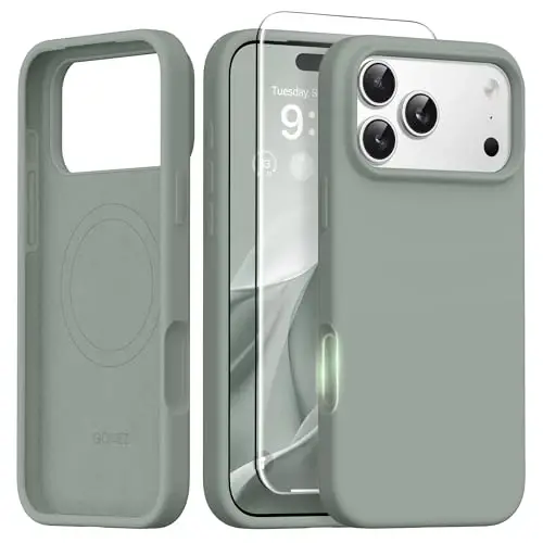 GONEZ Magnetic for iPhone 17 Pro Case, [Compatible with MagSafe] Anti-Scratch Microfiber Lining & Screen Protector, Silicone Camera Control, Shockproof Slim Phone Cover 6.3 inch, Calke Green - 1