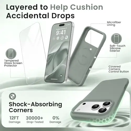 GONEZ Magnetic for iPhone 17 Pro Case, [Compatible with MagSafe] Anti-Scratch Microfiber Lining & Screen Protector, Silicone Camera Control, Shockproof Slim Phone Cover 6.3 inch, Calke Green - 4