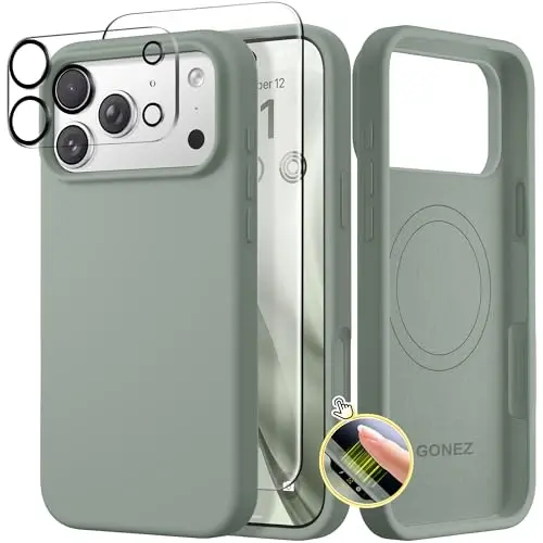 GONEZ Magnetic for iPhone 17 Pro Case, Compatible with MagSafe, [Screen Protector + Camera Lens Protector], Liquid Silicone Anti-Scratch Shockproof Protective Phone Case 6.3 inch, Calke Green - GONEZ