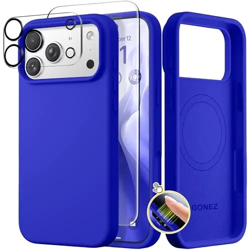 GONEZ Magnetic for iPhone 17 Pro Case, Compatible with MagSafe, [Screen Protector + Camera Lens Protector], Liquid Silicone Anti-Scratch Shockproof Protective Phone Case 6.3 inch, Cobalt Blue 