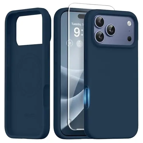 GONEZ Magnetic for iPhone 17 Pro Case, [Compatible with MagSafe] Anti-Scratch Microfiber Lining & Screen Protector, Silicone Camera Control, Shockproof Slim Phone Cover 6.3 inch, Dark Blue - 1