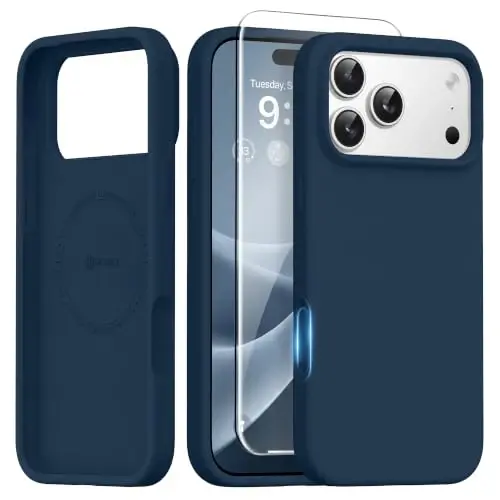 GONEZ Magnetic for iPhone 17 Pro Case, [Compatible with MagSafe] Anti-Scratch Microfiber Lining & Screen Protector, Silicone Camera Control, Shockproof Slim Phone Cover 6.3 inch, Dark Blue - GONEZ